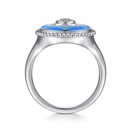 925 Sterling Silver Bujukan White Sapphire and Blue Sapphire Signet Ring with Blue and Dust Blue and White Enamel