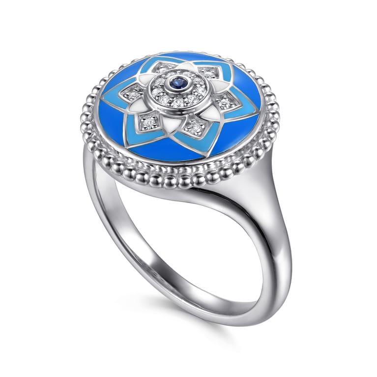 925 Sterling Silver Bujukan White Sapphire and Blue Sapphire Signet Ring with Blue and Dust Blue and White Enamel - Shot 3