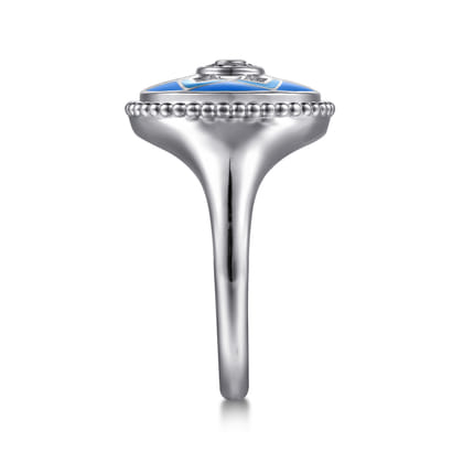 925 Sterling Silver Bujukan White Sapphire and Blue Sapphire Signet Ring with Blue and Dust Blue and White Enamel