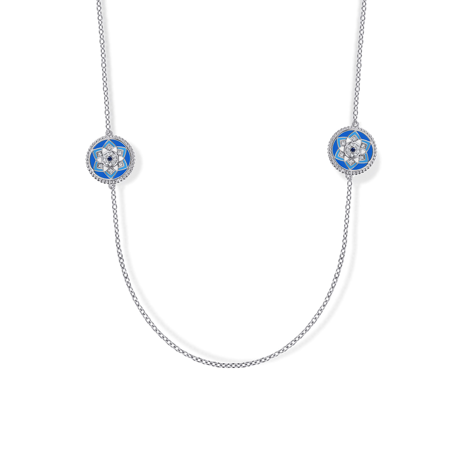 925 Sterling Silver Bujukan White Sapphire and Blue Sapphire Station Necklace with Blue and Dust Blue and White Enamel - Shot 1
