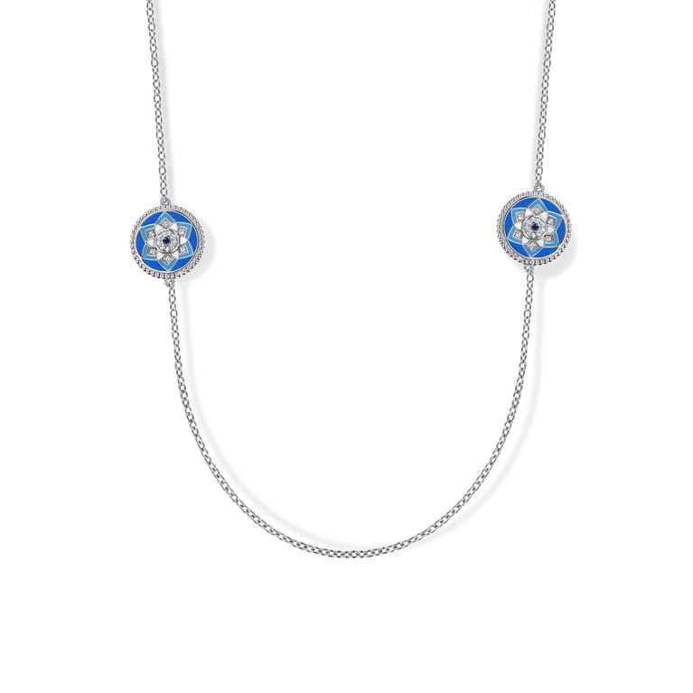 925 Sterling Silver Bujukan White Sapphire and Blue Sapphire Station Necklace with Blue and Dust Blue and White Enamel - Shot 1