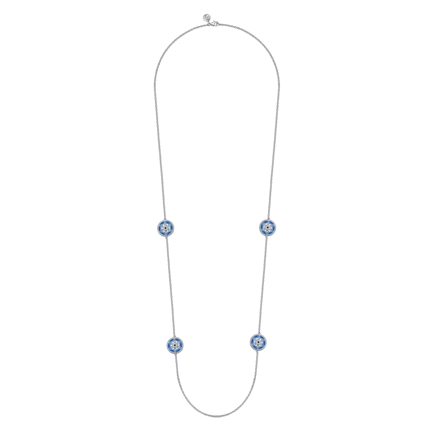 925 Sterling Silver Bujukan White Sapphire and Blue Sapphire Station Necklace with Blue and Dust Blue and White Enamel - Shot 2