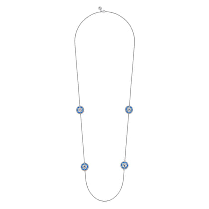 925 Sterling Silver Bujukan White Sapphire and Blue Sapphire Station Necklace with Blue and Dust Blue and White Enamel