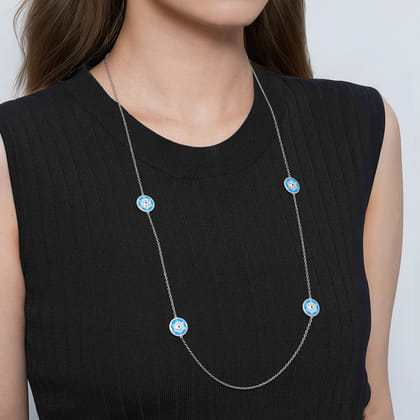 925 Sterling Silver Bujukan White Sapphire and Blue Sapphire Station Necklace with Blue and Dust Blue and White Enamel