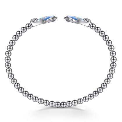 925 Sterling Silver Bujukan White Sapphire and Blue Topaz Bangle Bracelet with Blue and Dust Blue Enamel