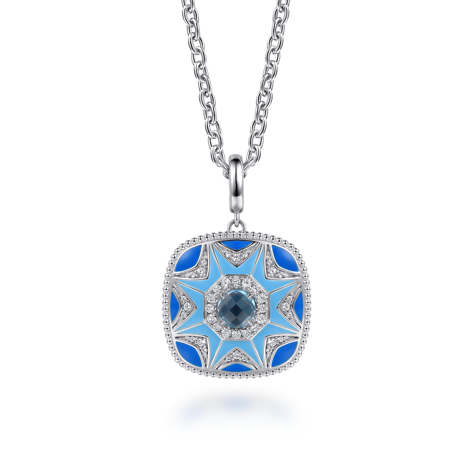 925 Sterling Silver Bujukan White Sapphire and Blue Topaz Necklace with Blue and Dust Blue Enamel - Shot 1