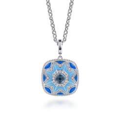 925 Sterling Silver Bujukan White Sapphire and Blue Topaz Necklace with Blue and Dust Blue Enamel