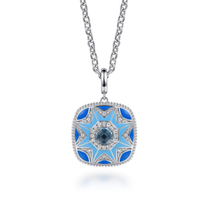 925 Sterling Silver Bujukan White Sapphire and Blue Topaz Necklace with Blue and Dust Blue Enamel