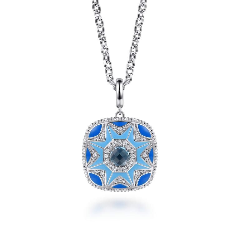 925 Sterling Silver Bujukan White Sapphire and Blue Topaz Necklace with Blue and Dust Blue Enamel - Shot 1