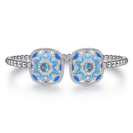 925 Sterling Silver Bujukan White Sapphire and Blue Topaz Open Bangle with Blue and Dust Blue Enamel