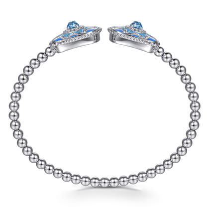 925 Sterling Silver Bujukan White Sapphire and Blue Topaz Open Bangle with Blue and Dust Blue Enamel