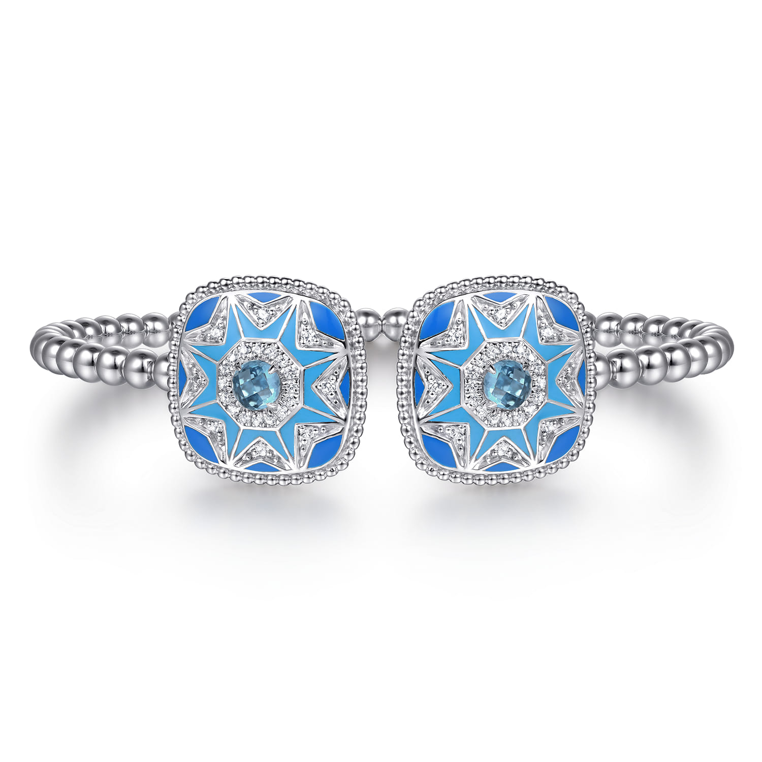 925 Sterling Silver Bujukan White Sapphire and Blue Topaz Open Bangle with Blue and Dust Blue Enamel - Shot 1