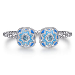 925 Sterling Silver Bujukan White Sapphire and Blue Topaz Open Bangle with Blue and Dust Blue Enamel