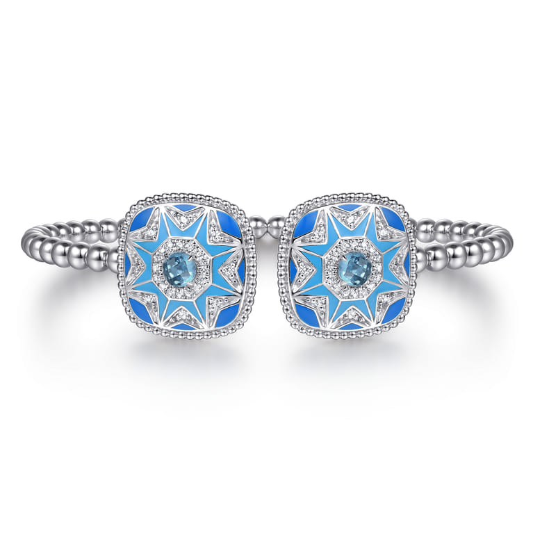 925 Sterling Silver Bujukan White Sapphire and Blue Topaz Open Bangle with Blue and Dust Blue Enamel - Shot 1