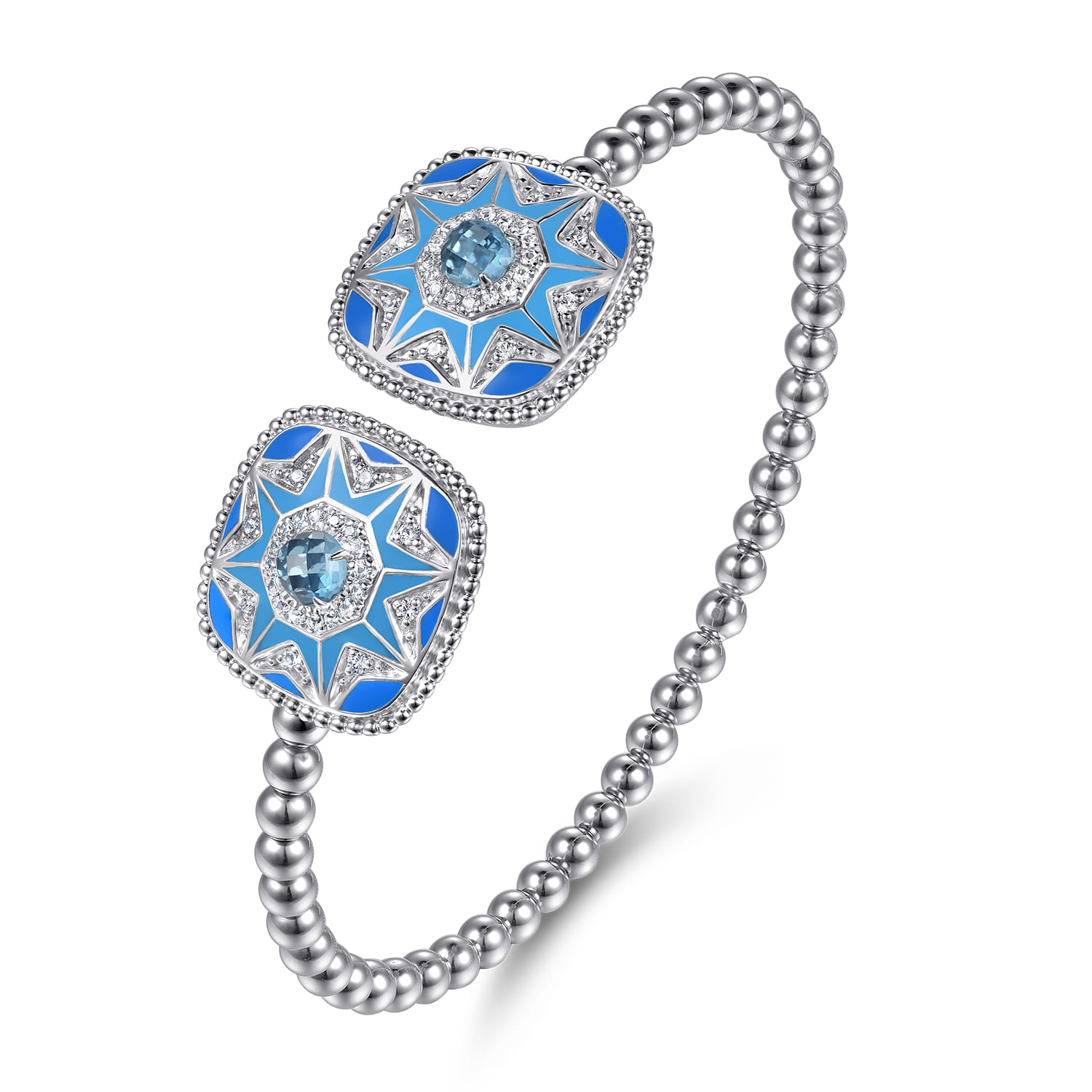 925 Sterling Silver Bujukan White Sapphire and Blue Topaz Open Bangle with Blue and Dust Blue Enamel - Shot 2