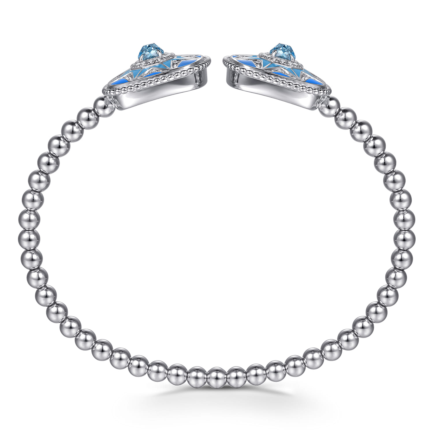 925 Sterling Silver Bujukan White Sapphire and Blue Topaz Open Bangle with Blue and Dust Blue Enamel - Shot 3