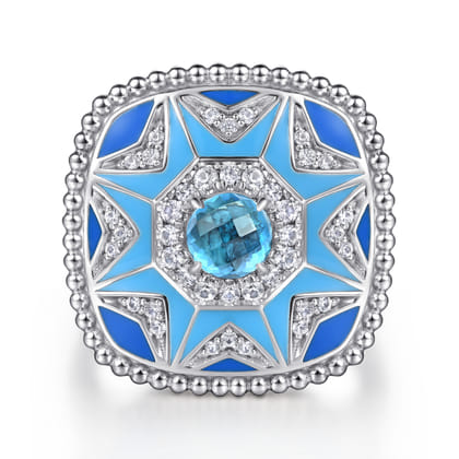 925 Sterling Silver Bujukan White Sapphire and Blue Topaz Signet Ring with Blue and Dust Blue Enamel