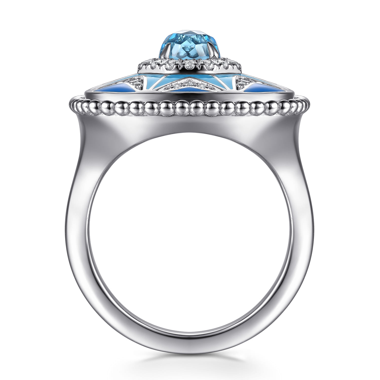 925 Sterling Silver Bujukan White Sapphire and Blue Topaz Signet Ring with Blue and Dust Blue Enamel