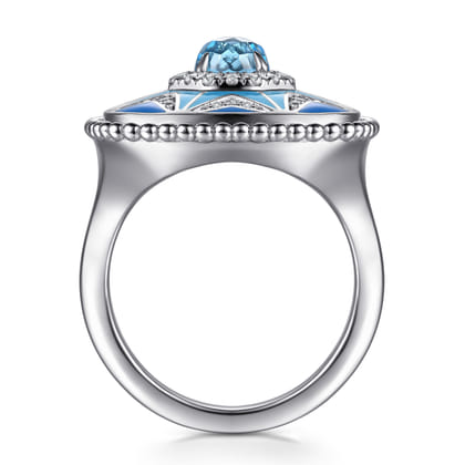 925 Sterling Silver Bujukan White Sapphire and Blue Topaz Signet Ring with Blue and Dust Blue Enamel