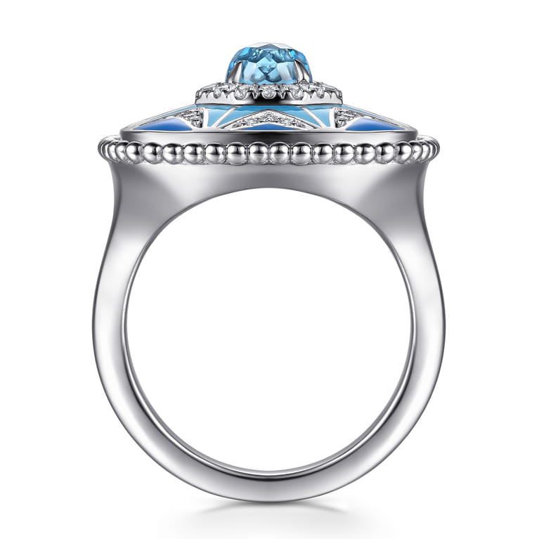 925 Sterling Silver Bujukan White Sapphire and Blue Topaz Signet Ring with Blue and Dust Blue Enamel - Shot 2