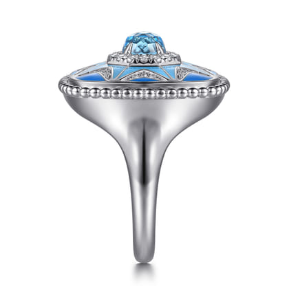 925 Sterling Silver Bujukan White Sapphire and Blue Topaz Signet Ring with Blue and Dust Blue Enamel