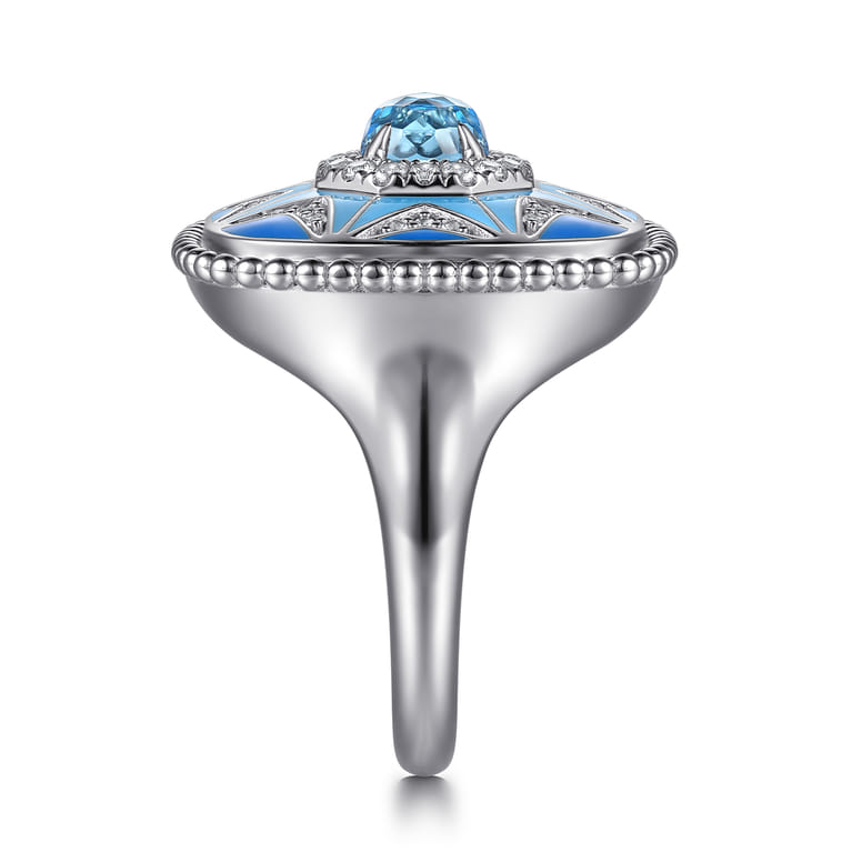 925 Sterling Silver Bujukan White Sapphire and Blue Topaz Signet Ring with Blue and Dust Blue Enamel - Shot 4