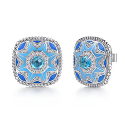 925 Sterling Silver Bujukan White Sapphire and Blue Topaz Stud Earrings with Blue and Dust Blue Enamel