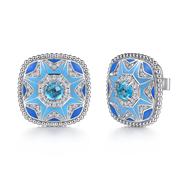 Bujukan White Sapphire and Blue Topaz Stud Earrings with Enamel