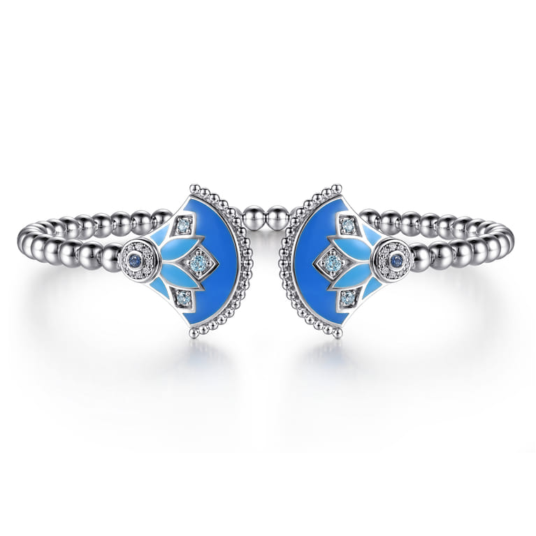 925 Sterling Silver Bujukan White Sapphire and Blue Topaz and Sapphire Bangle Bracelet with Blue and Dust Blue Enamel - Shot 1