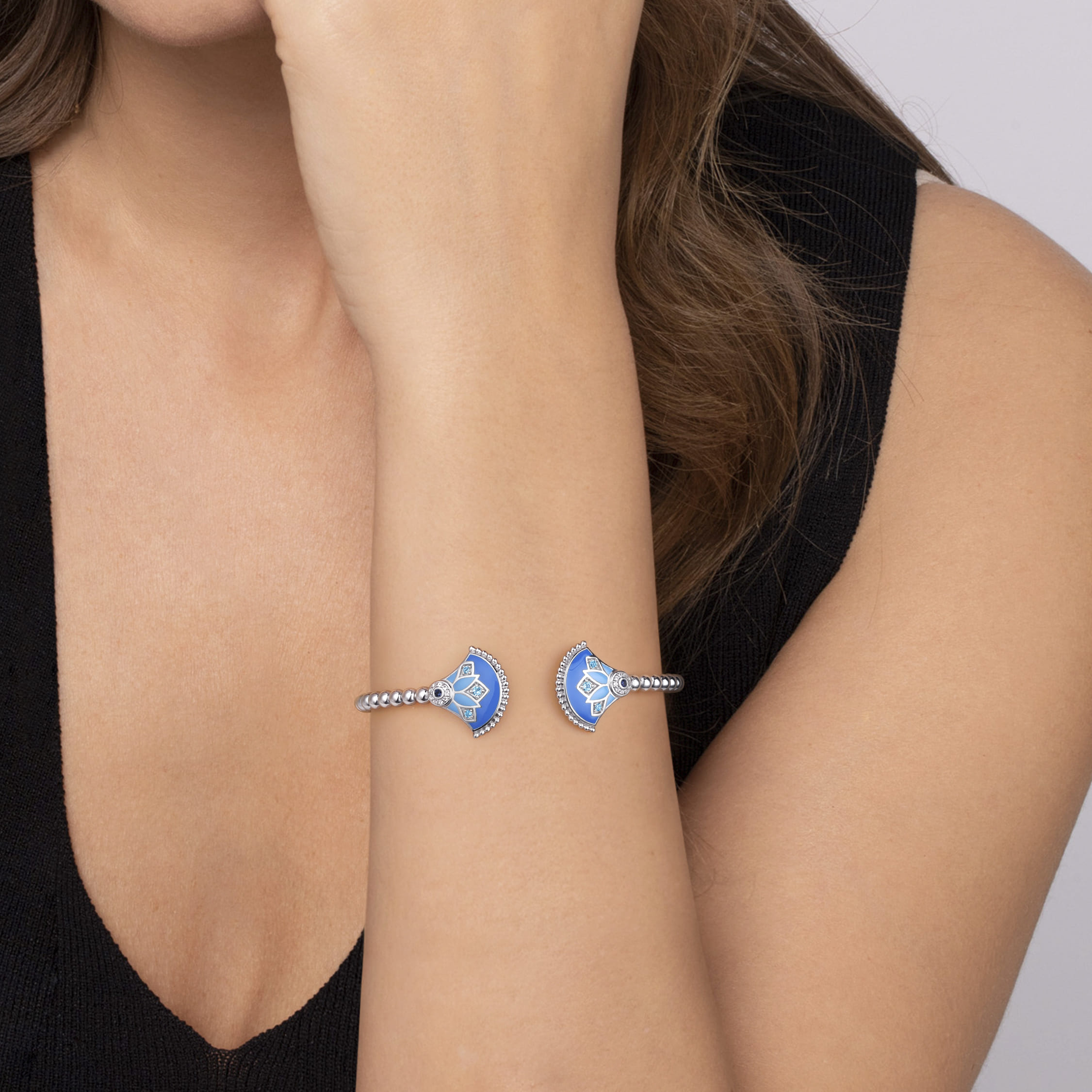 925 Sterling Silver Bujukan White Sapphire and Blue Topaz and Sapphire Bangle Bracelet with Blue and Dust Blue Enamel - Shot 4