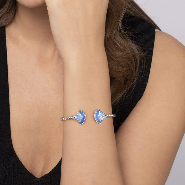 925 Sterling Silver Bujukan White Sapphire and Blue Topaz and Sapphire Bangle Bracelet with Blue and Dust Blue Enamel - Shot 4