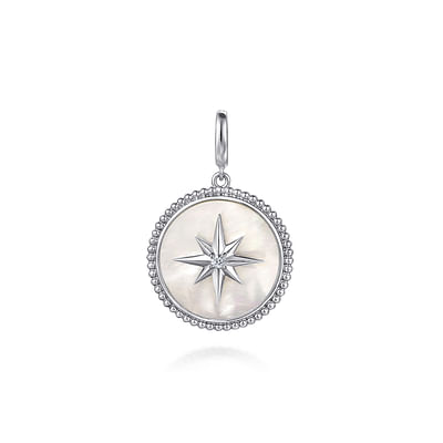 925 Sterling Silver Bujukan White Sapphire and Mother Of Pearl Round Starburst Medallion Pendant With Detachable Bail
