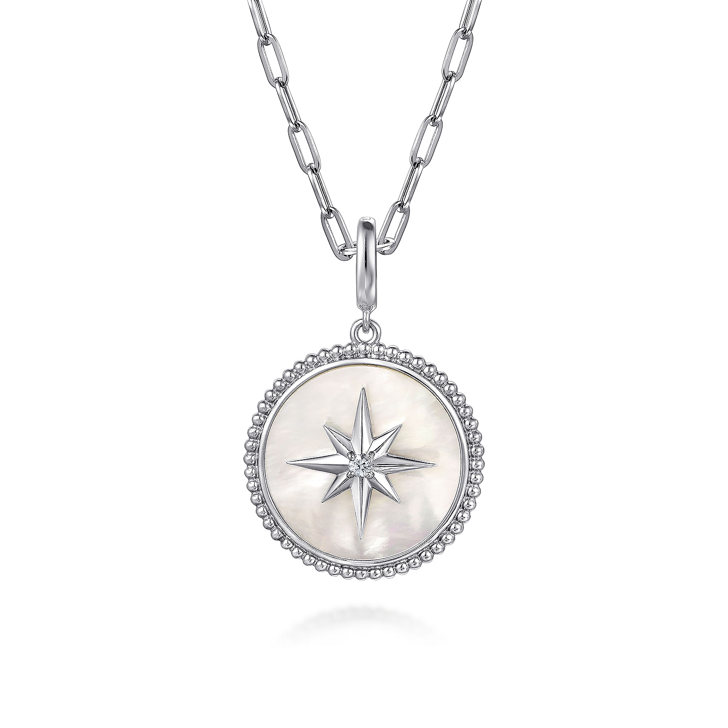 925 Sterling Silver Bujukan White Sapphire and Mother Of Pearl Round Starburst Medallion Pendant With Detachable Bail