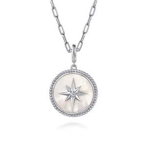 925 Sterling Silver Bujukan White Sapphire and Mother Of Pearl Round Starburst Medallion Pendant With Detachable Bail