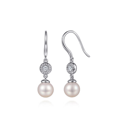 925 Sterling Silver Bujukan White Sapphire and Pearl Fish Wire Drop Earrings