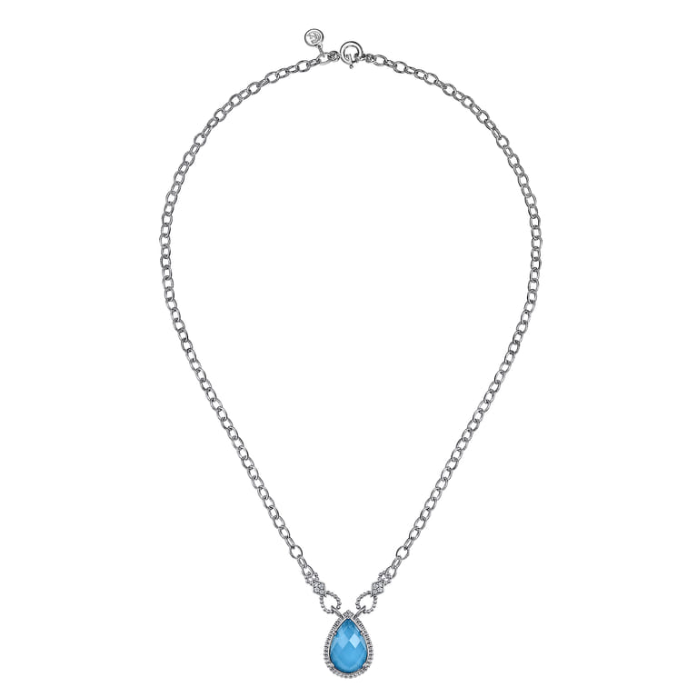 925 Sterling Silver Bujukan White Sapphire and Rock Crystal  Turquoise Doublet Teardrop Pendant Necklace - Shot 2