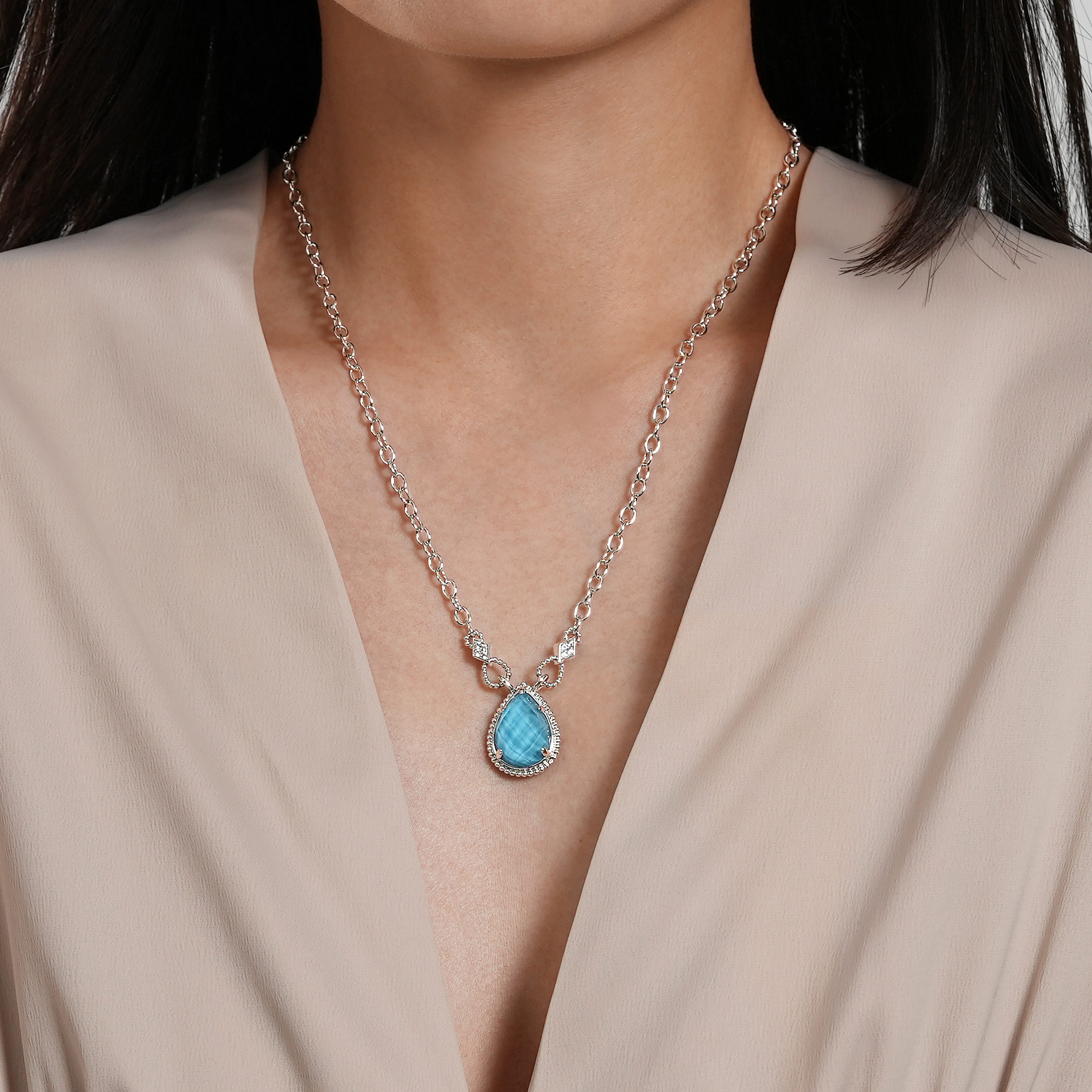 925 Sterling Silver Bujukan White Sapphire and Rock Crystal  Turquoise Doublet Teardrop Pendant Necklace - Shot 3