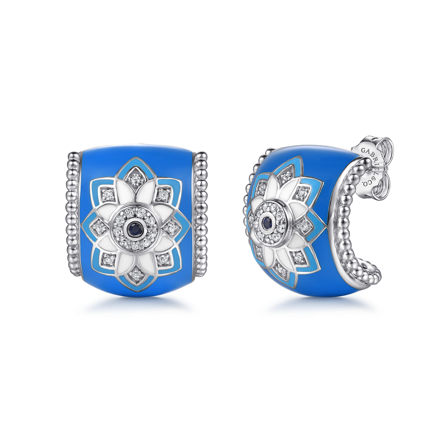 925 Sterling Silver Bujukan White Sapphire and Sapphire J Joop Earrings with Blue and Dust Blue and White Enamel - Shot 1