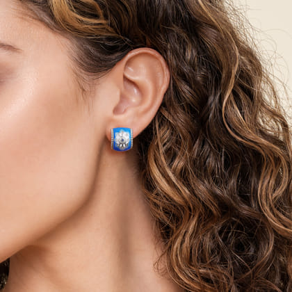 925 Sterling Silver Bujukan White Sapphire and Sapphire J Joop Earrings with Blue and Dust Blue and White Enamel