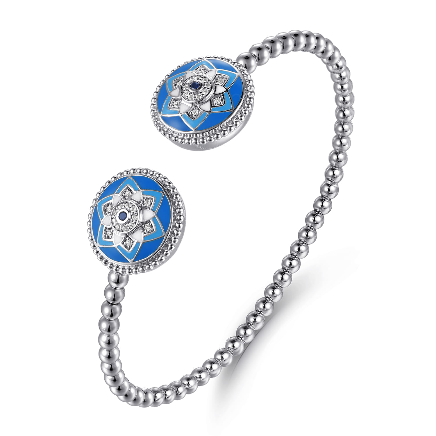 925 Sterling Silver Bujukan White Sapphire and Sapphire Open Bangle Bracelet with Blue and Dust Blue and White Enamel - Shot 2