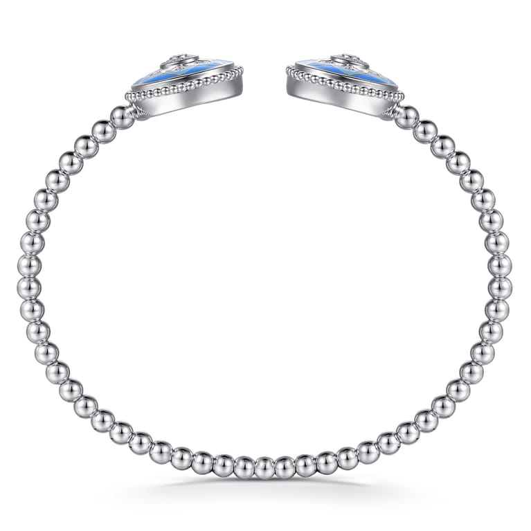 925 Sterling Silver Bujukan White Sapphire and Sapphire Open Bangle Bracelet with Blue and Dust Blue and White Enamel - Shot 3