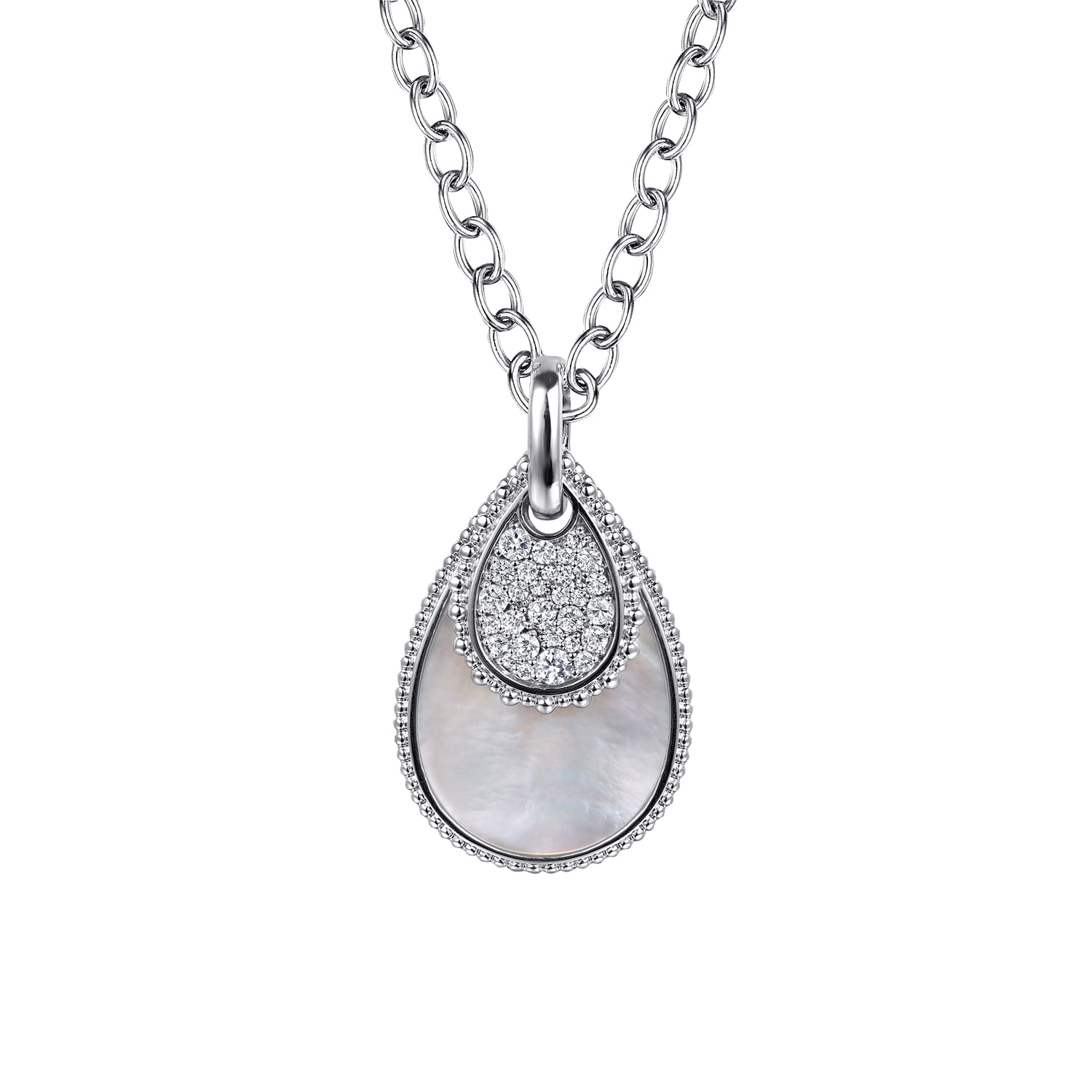 925 Sterling Silver Bujukan White Sapphire and White Mother of Pearl Teardrop Pendant Necklace - Shot 1