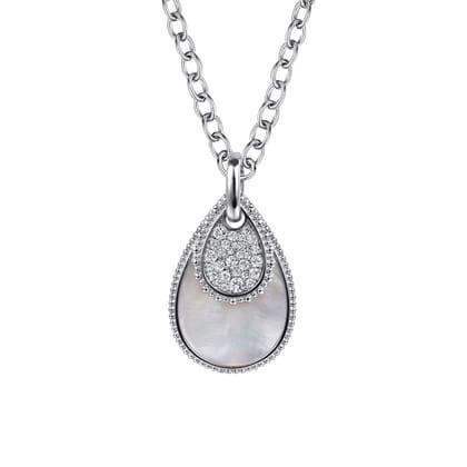 925 Sterling Silver Bujukan White Sapphire and White Mother of Pearl Teardrop Pendant Necklace