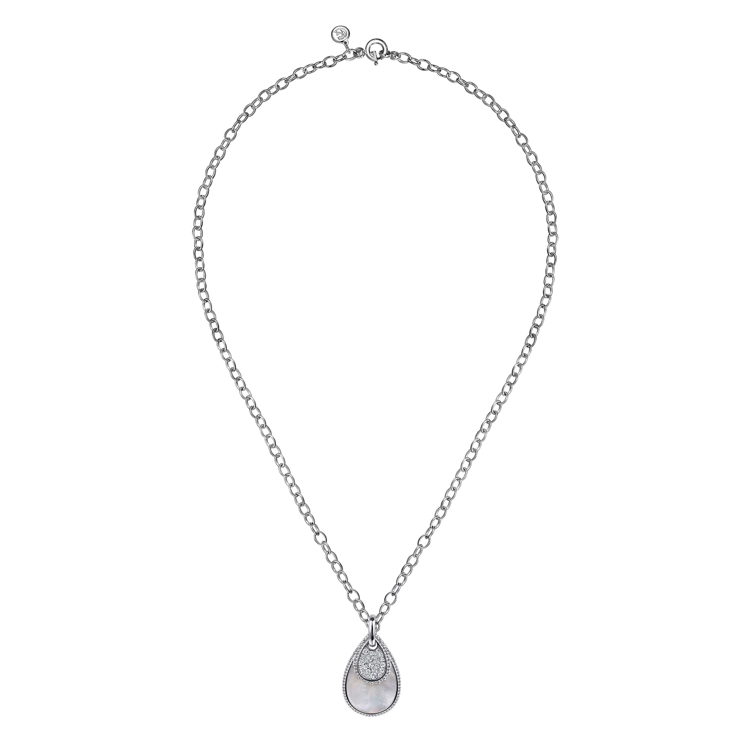 925 Sterling Silver Bujukan White Sapphire and White Mother of Pearl Teardrop Pendant Necklace - Shot 2