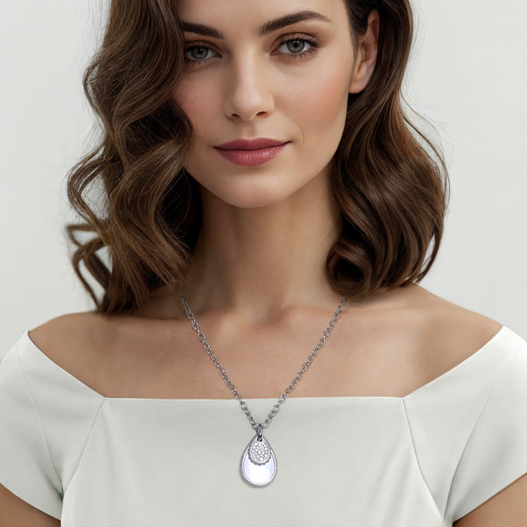 925 Sterling Silver Bujukan White Sapphire and White Mother of Pearl Teardrop Pendant Necklace - Shot 4