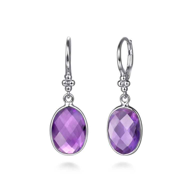 925 Sterling Silver Bujukan and Bezel Amethyst Drop Earrings - Shot 1