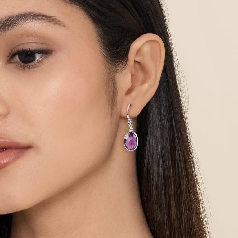 925 Sterling Silver Bujukan and Bezel Amethyst Drop Earrings - Shot 2