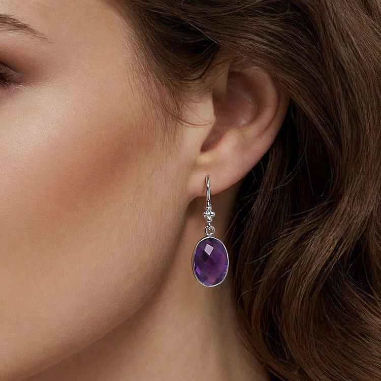925 Sterling Silver Bujukan and Bezel Amethyst Drop Earrings