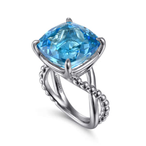 925 Sterling Silver Bujukan and Cushion Blue Topaz Twisted Ladies Ring