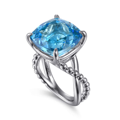 925 Sterling Silver Bujukan and Cushion Blue Topaz Twisted Ladies Ring